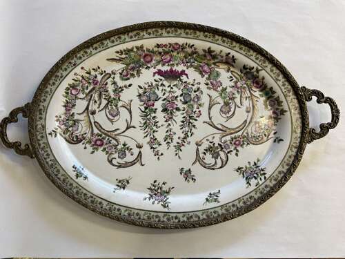 Antique Porcelain Platter encased in Brass surround with handles c1897